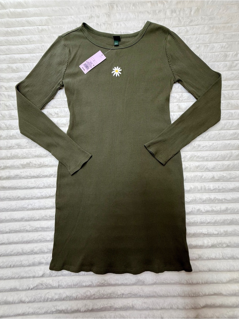 Wild Fable Olive Ribbed Long Sleeve Dress with Daisy Applique L